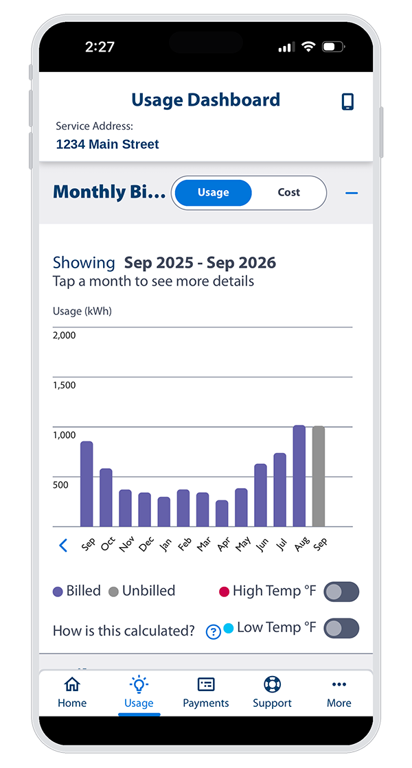 mobile view of usage dashboard